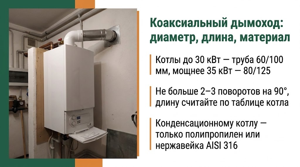 Коаксиальный дымоход: диаметр, длина, материал